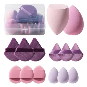 Makeup Sponge Set Triangle Puff 14 Pcs for Liquid, Cream, and Powder, Multi-colored Makeup Sponges and Mini Sponge with Case (A-Purple)