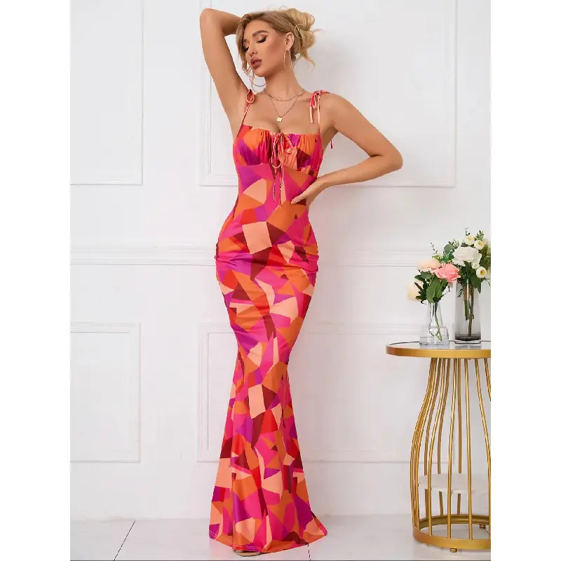 Women'S All Over Print Tie Shoulder Mermaid Hem Cami Maxi Vintage Dress, Boho Sleeveless Spaghetti Strap Tie Front Ruched Maxi Bodycon Dresses, Holiday Vacation Beach Summer Clothes, Wedding Guest Dresses, Birthday Dresses Women'S All Over Print Tie Shoulder Mermaid Hem Cami Maxi Vintage Dress, Boho Sleeveless Spaghetti Strap Tie Front Ruched Maxi Bodycon Dresses, Holiday Vacation Beach Summer Clothes, Wedding Guest Dresses, Birthday Dresses