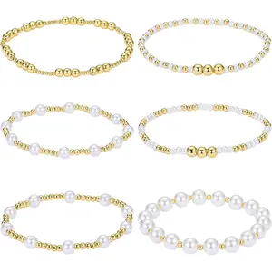 Pearl Bracelets for Women Gold Beaded Bracelets Stackable Bracelets Set Stretch Summer Beach Jewelry for Women