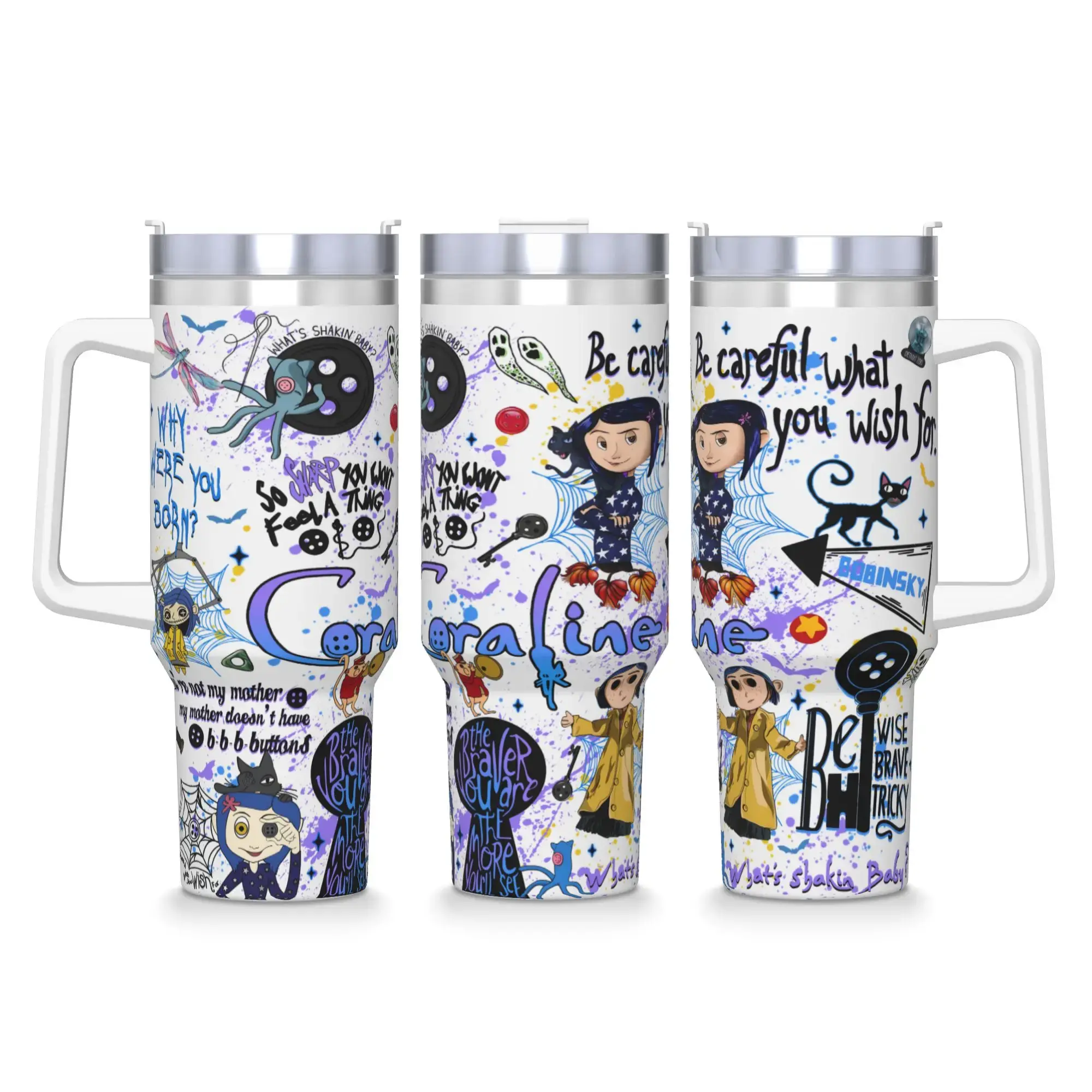 C0raline 40oz Tumbler, Button Eyes Gothic Cartoon Travel Mug with Handle & Straw, Spooky Animated Fantasy Stainless Steel Cup, Cute Halloween Aesthetic Drinkware, C0raline Fan Gift for Coffee, Tea & Everyday Use