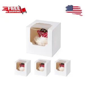 50 Pack Individual Cupcake Containers, Cupcake Boxes with Window (White)