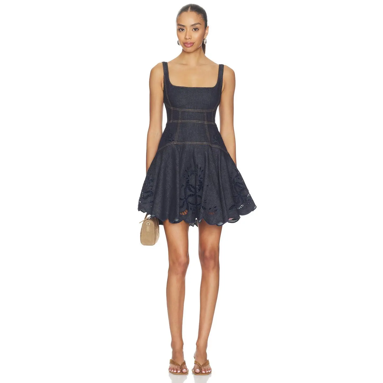 self-portrait Indigo Denim Bow Embroidered Mini Dress in Blue