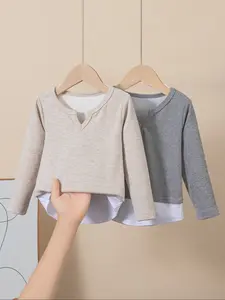 Two-piece spring and autumn leisure long-sleeve tops for baby girls, stylish faux two-piece elegant V-neck long-sleeve knitted sweatshirt, patchwork clothing, skin-friendly and comfortable, Colorblock Tops