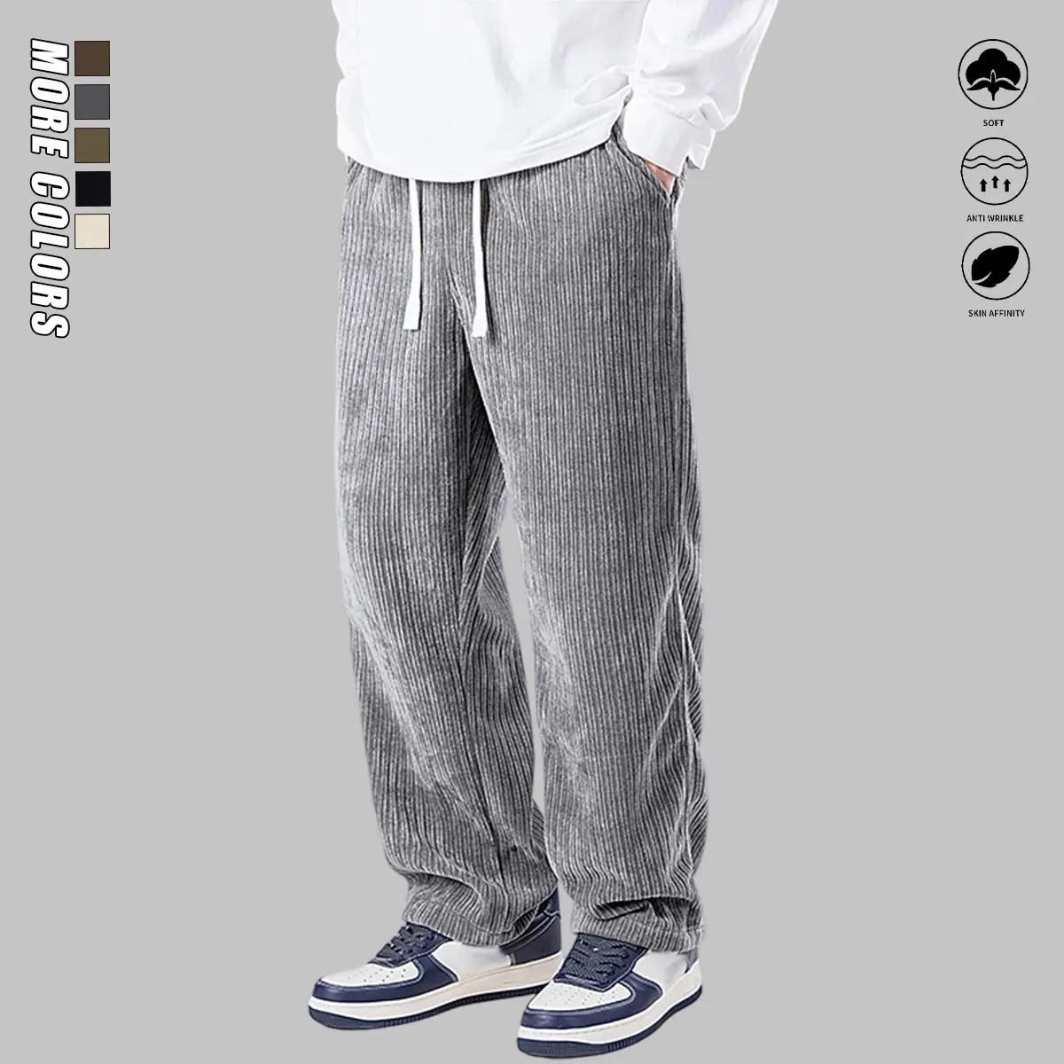JOGWAVE Men’s Vintage Flannel Pants – Wide, loose straight-leg design, solid color, suitable for casual wear and parties year-round – Flannel long pants (machine washable)