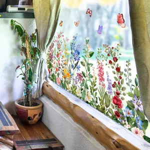 A set of creative green plants flowers & butterfly wall stickers double-sided visible for glass window background decoration self-adhesive decorative sticke
