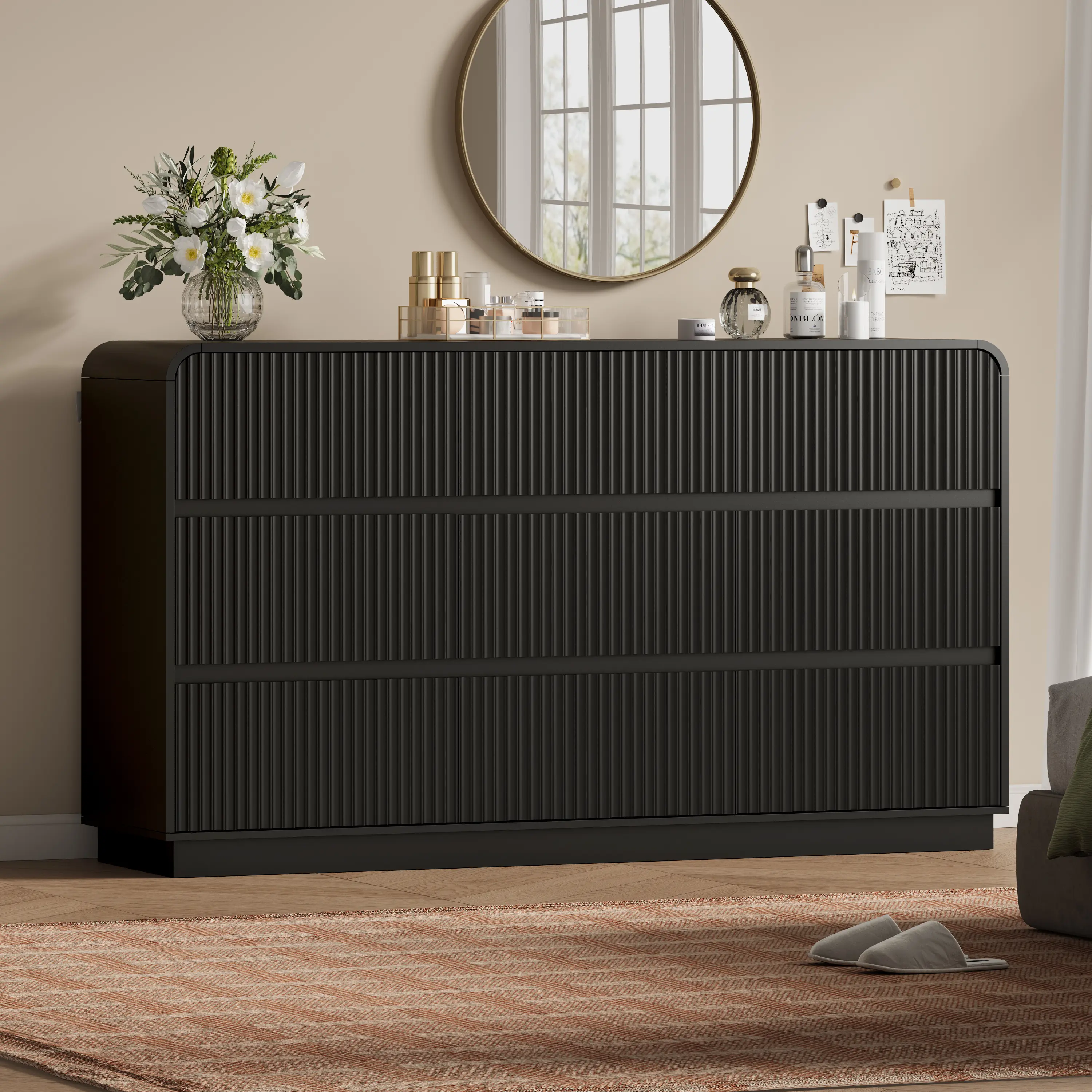 Dresser for Bedroom with 9 Drawers, Fluted Chest of Drawers with Round Curved Corner, Hidden Handles, Modern Wood Storage Organizer for Bedroom, Nursery, Living Room summervibes fathers day gift ideas