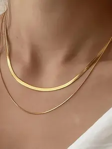Elegant Short Flat Snake Chain Choker Necklace Set, 2-Piece Fashionable Layered Necklaces for Daily Wear, Stylish Jewelry Accessories