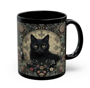 Black Cat Mug William Morris Inspired Black Coffee Mug Mystical Cat Teacup Cat Lover Gift For Her Him Halloween Cat Ceramic Mug 11oz 15oz