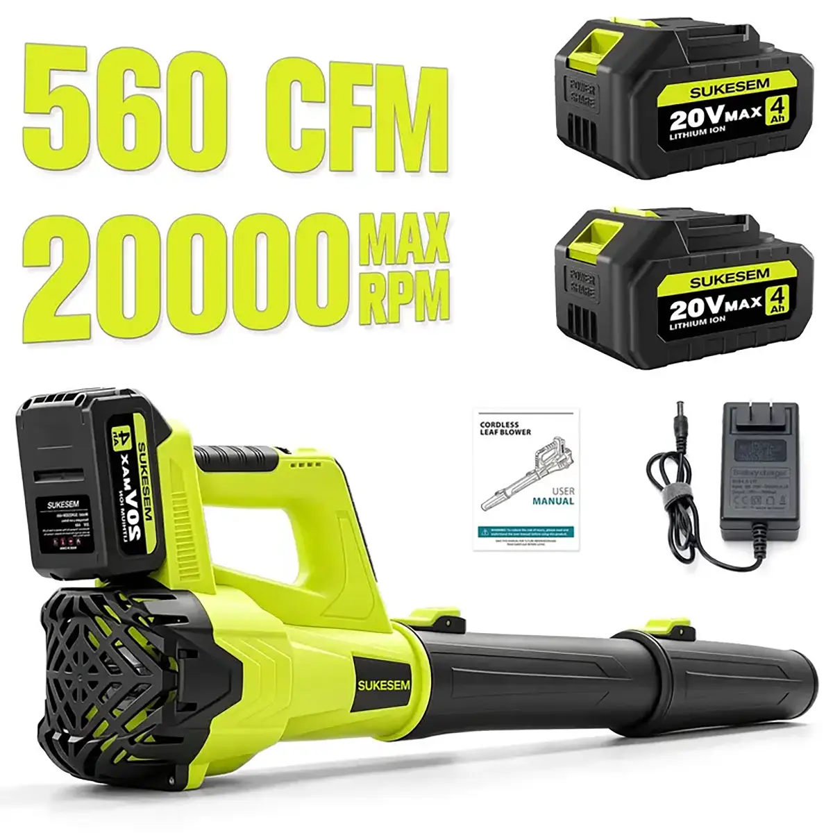 SUKESEM Cordless Powered Leaf Blower - 4.0Ah Batteries, 580CFM Airflow/160MPH, 2 Speed Levels,Extension Nozzle, Ergonomic Non-Slip Handle, Lightweight Portable Wireless Handheld Blower for Lawn Care, Holiday Gift, Blowers For Lawn Care