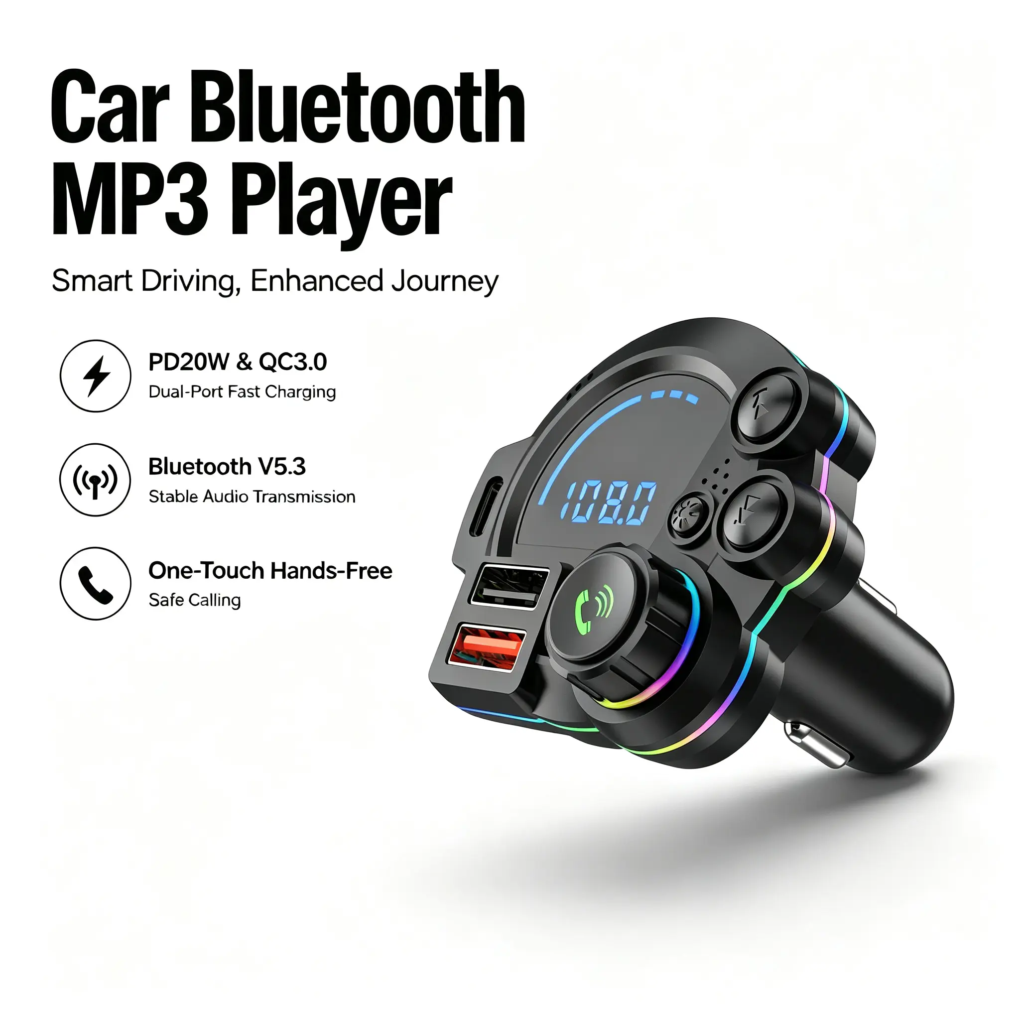 Bluetooth 5.3 FM Transmitter for Cars with Type-C PD 20W Fast Charging, RGB Backlit MP3 Player with TF Card/USB Disk Support, Wireless Hands-Free Car Kit, Auto Accessories & Road Trip Essentials