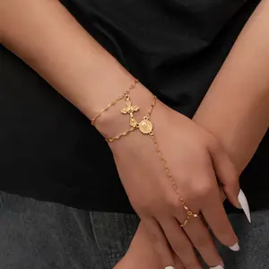 TikTok Viral Gold Hand Chain Bracelet with Cross Charm Y2K Blokette Adjustable Finger Ring Loop Minimalist Stackable Jewelry for Women Dainty Everyday Spiritual Accessory