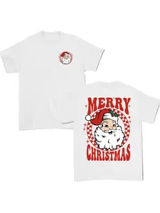 Vintage Christmas Santa Print T-Shirt, Casual Front Back Dual Print Top, Festive Family Gathering Shirt, Cute Christmas Gift for Men and Women