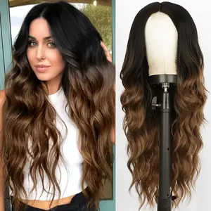 Long Black to Brown Wigs for Women, Long Ombre Brown Curly Wavy Wig,Natural Looking Middle Part Synthetic Wig for Daily Part Use 26 INCH