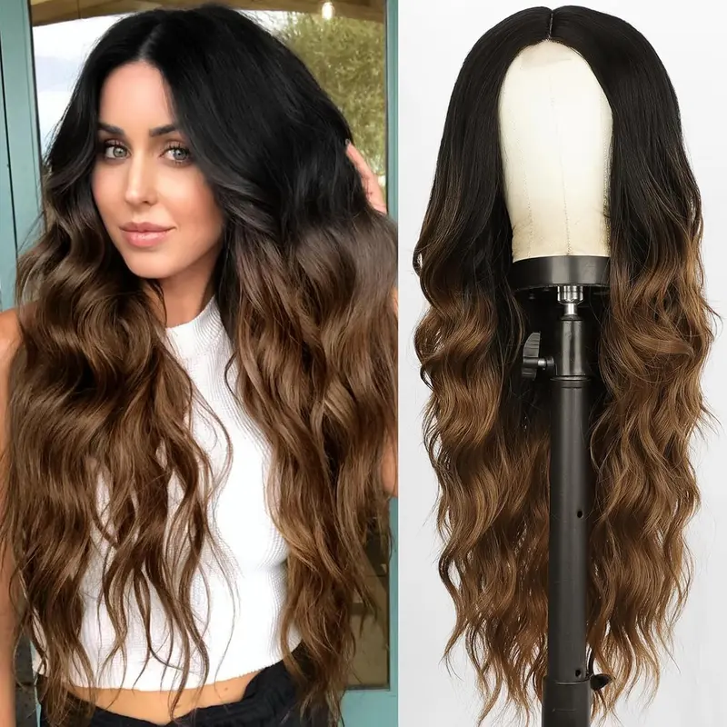 N NAYASA Women's 26in Long Black-to-Brown Ombre Human Synthetic Loose Wave Lace Front Wig - Middle Part, Natural-Looking, Nature Brown, Suitable for Halloween, Concerts, Human Synthetic Wig,sohochic