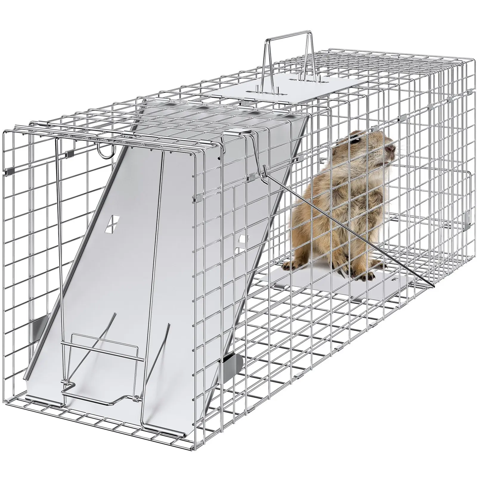 VEVOR Live Animal Cage Trap, 31x 10x 12 Humane Cat Trap Galvanized Iron, Folding Animal Trap with Handle for Rabbits, Stray Cats, Squirrels, Raccoons, Groundhogs and Opossums