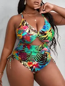 Plus Size Cut Out One-Piece Swimsuit, Casual Fashion Swimwear for Beach Pool, Women's Plus Size Swimsuit for All Seasons, Swimsuit Beachwear, Floral Print Swimsuits, Tropical Print Swimsuit