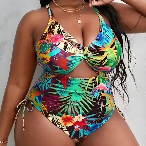 Plus Size Cut Out One-Piece Swimsuit, Casual Fashion Swimwear for Beach Pool, Women's Plus Size Swimsuit for All Seasons, Swimsuit Beachwear, Floral Print Swimsuits, Tropical Print Swimsuit, Floral Bathing Suits, Printed Swimsuit, Cutout Swim Suit