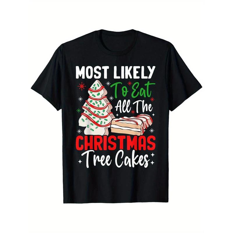 Funny Christmas Cake T-Shirt - Most Likely to Eat All the Christmas Tree Cakes Design, Unisex Casual Round Neck Short Sleeve Tee, Cotton, Black with Festive Holiday Print, Sizes S-XXXL, Funny Christmas Shirts, double print oversize valentine gift