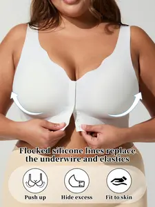 Comfortable Wireless Women's Bra with Wide Straps and Wave Edge Design, Three-Quarter Cup with Moderate Support Fit for All Seasons, Everyday Front Buckle Closure Casual Style Underwear