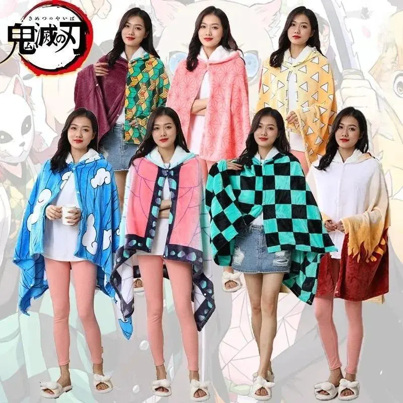 Comfortable Demon Slayer Hooded Shawl Soft Anime Kimetsu Shinobu Blanket Plaid Tanjirou No Yaiba Women Pajamas Adult Bathrobe