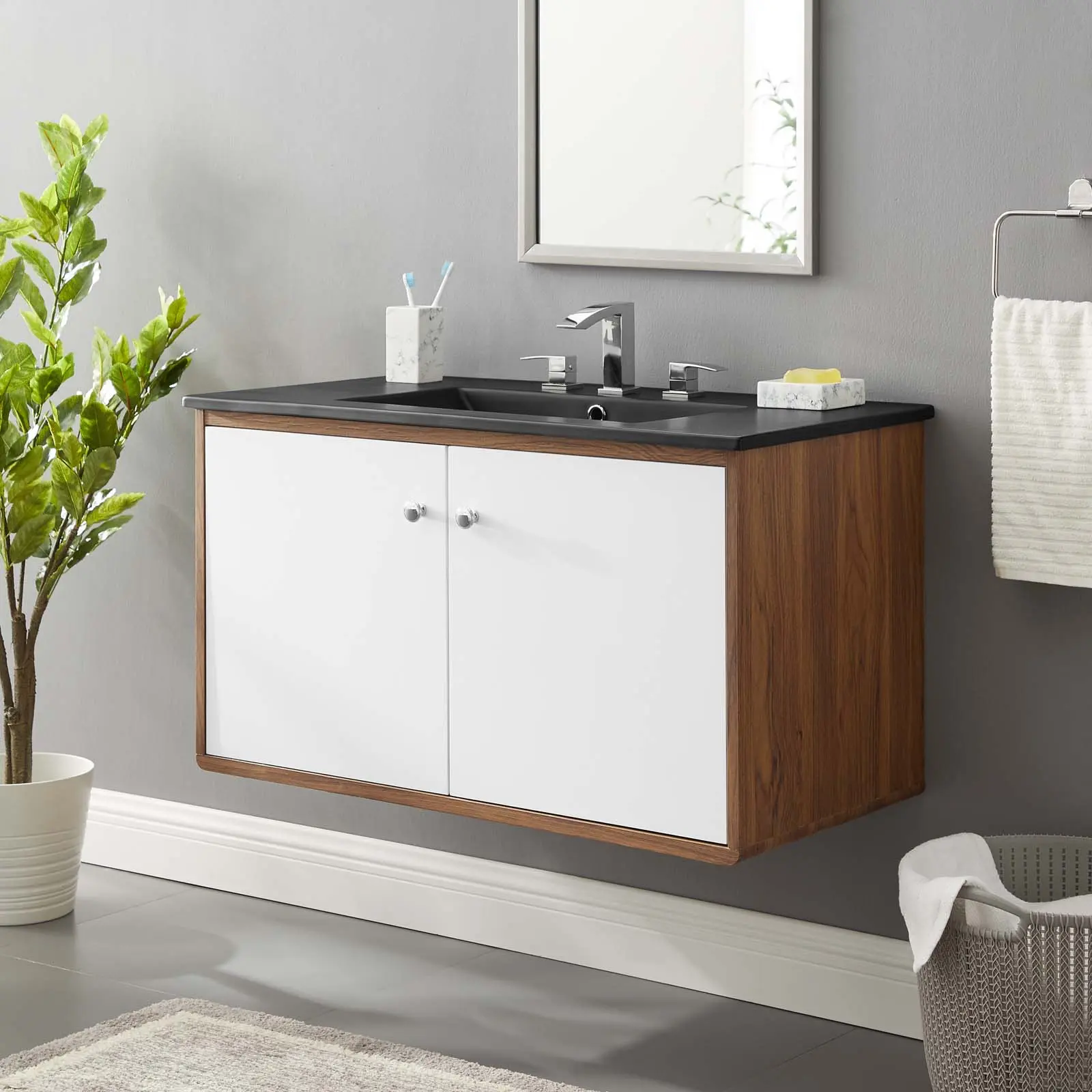 Modway Transmit 36" Retro Storage Wall-Mount Bathroom Vanity, Walnut Black Finish - No Default Fixture Set, Wall Hanging