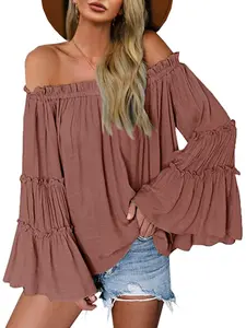 Womens Off The Shoulder Long Bell Sleeve Tops Flared Casual Loose Blouse