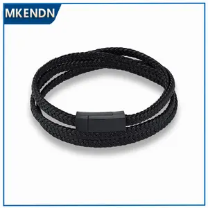 2018 New Fashion Black Stainless Steel Magnetic Genuine Wrap Leather Bracelet Men Vintage Male Braid Jewelry for women