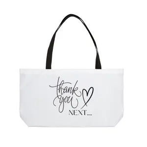 Chic Weekender Tote Bag - Thank You Next Design, 24x13 Inch Spacious Bag with Black Woven Cotton Handles & Stylish Interior Lining