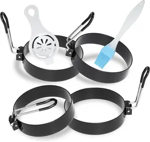 Stainless Steel Egg Rings for Frying Eggs（4 Pack） - 3.5" Round Non Stick Griddle Rings with Oil Brush, Egg Sandwich/Pancake/Cooking Molds, Breakfast Maker Accessories & Egg Separator