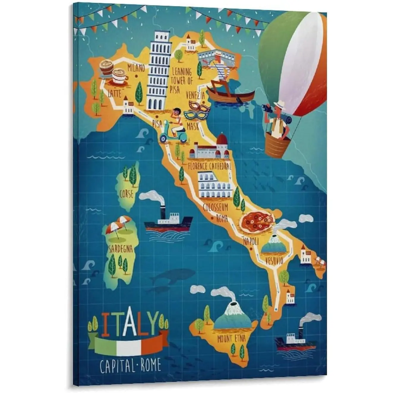 WCOCXR Italy Map Attractions, Italy Food Map Travel Map Canvas Poster Wall Art Decor Print Picture Paintings for Living Room Bedroom Decoration 08x12inch(20x30cm)