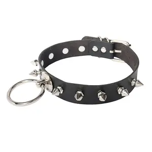Punk round ring gothic studded leather choker necklace neckband nightclub spike gothic rock