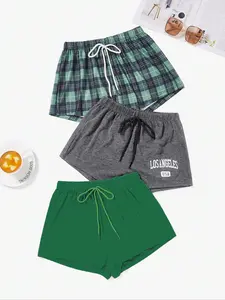 Women's Plain/Plaid/Letter Print Tie Front Pajama Shorts, Casual Comfy Elastic Waist Shorts for Daily Wear, Ladies Sleepwear for All Seasons