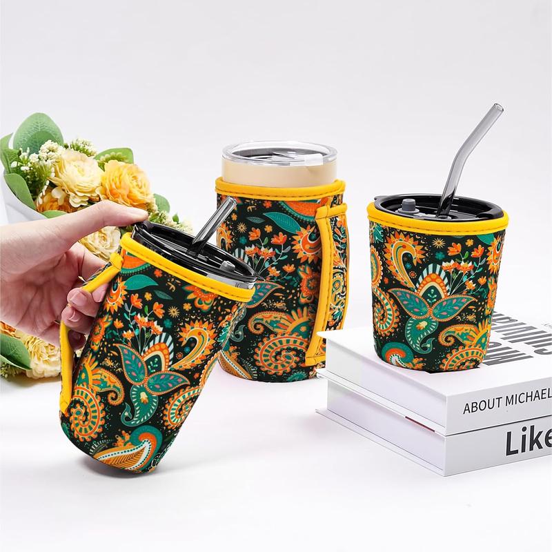 3 Pack  Iced Coffee Sleeves for 16-32 ounces of hot or cold coffee or iced beverages  Neoprene Insulated Sleeve for Hot and Cold Drinks from , Dunkin And More (Yellow Paisley)