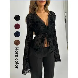Elegant floral slim fit pleated ruffle sleeve women's top, sexy transparent mesh embroidered cardigan, fashionable for spring and autumnRAIMENTRY