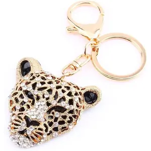 Leopard Bag Pendant, 2*1.97 in Leopard Charm, Gold Rhinestone Keychain Cute Cheetah Head Purse Key Ring Chain Sparkling Crystal Charming Decoration Adornment for Wallet Handbags Lady Girlfriend