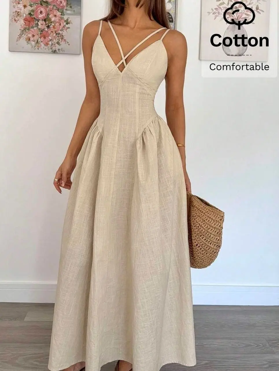Women's French Beige A-Line Maxi Dress, Elegant Crossover High Waist Dress, Old Money Style Wedding Guest Dress, Summer Vacation Resort Party Outfit
