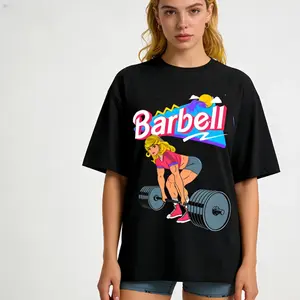 Barbell Retro Fitness Girl Graphic T-Shirt, 80s 90s Vintage Gym Print Tee, Oversized Workout Streetwear Cotton Short Sleeve