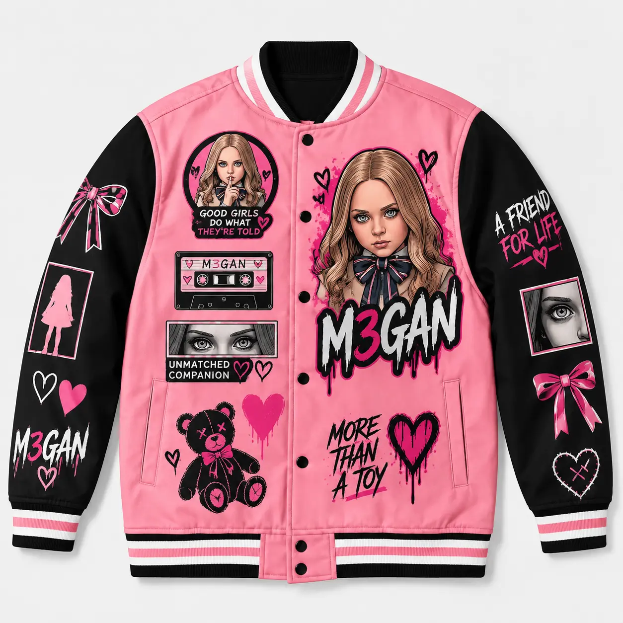 M3gan Varsity DIEUAI Jacket All-Over Printed Graphic, Polyester Sci-Fi Horror Doll Streetwear for Movie Fans