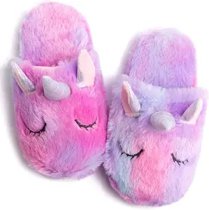 Girls Family Unicorn Slippers Cute Fluffy Anti-Slip Indoor Home Slippers Household Winter Warm Slippers techcity Adorable Soft Fleece Fabric Magical Rainbow Design