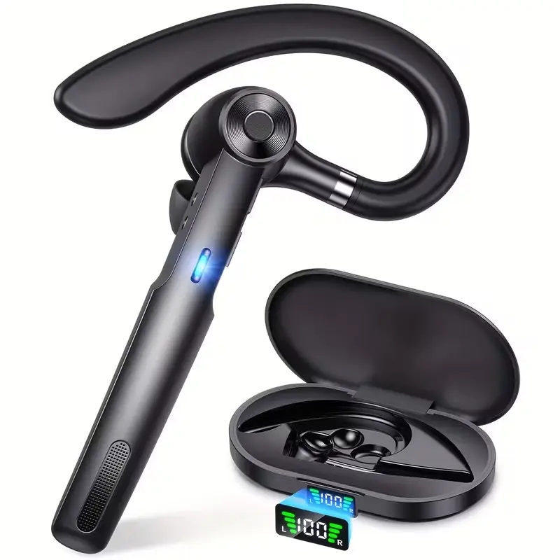 Wireless Earphone, Waterproof Sports Earphone, Single-Ear Bluetooth Earpiece V5.3 with Earhook, 50Hrs Charging Case, 400mAh Battery, Noise Cancelling, Microphone for Business, Trucker, Office