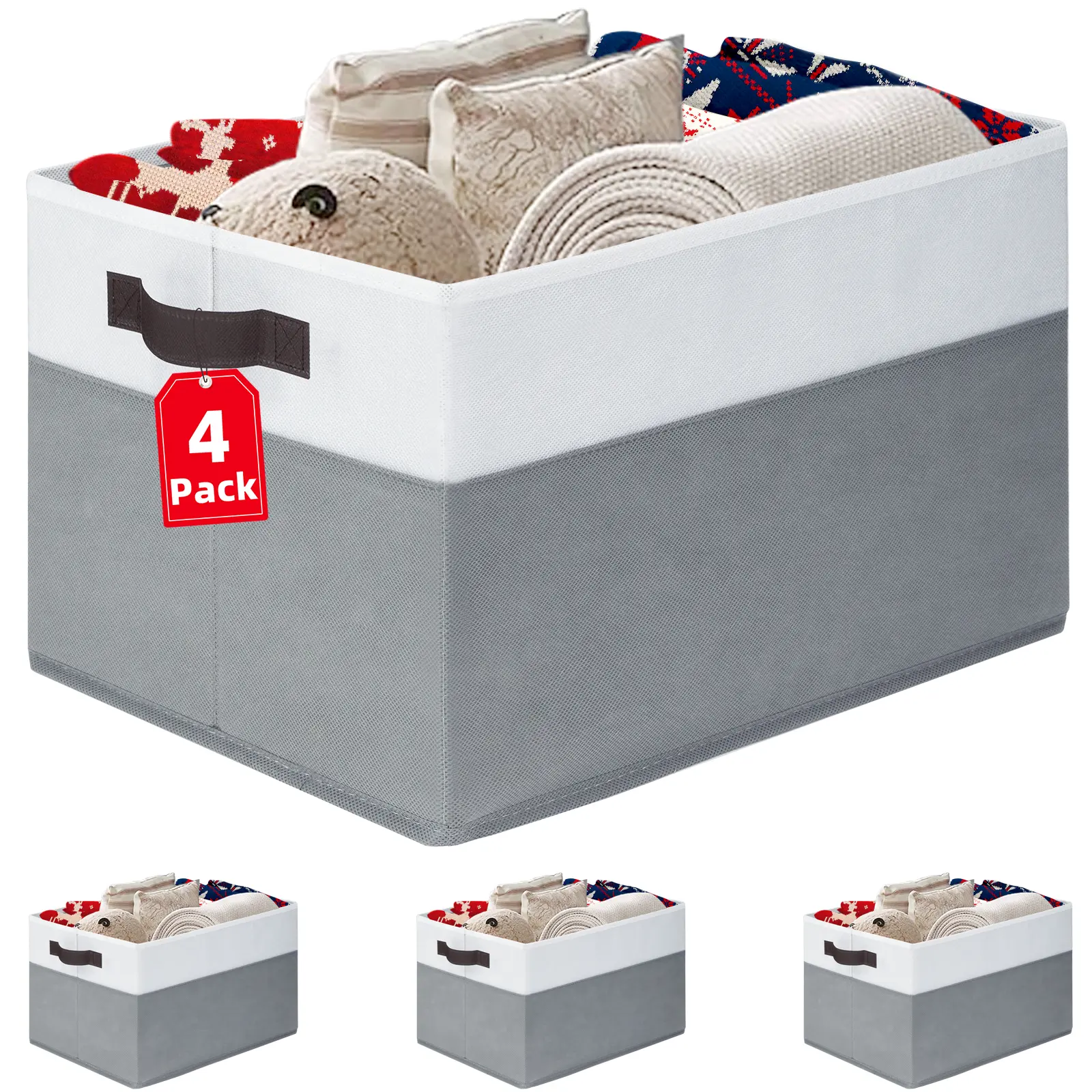 Criusia 4 Pack Large Fabric Storage Baskets, 14 x 10 x 9.5 Inch Collapsible Closet Organizer Bins with Handles for Shelves, Clothes, Toys, Towels, White Grey