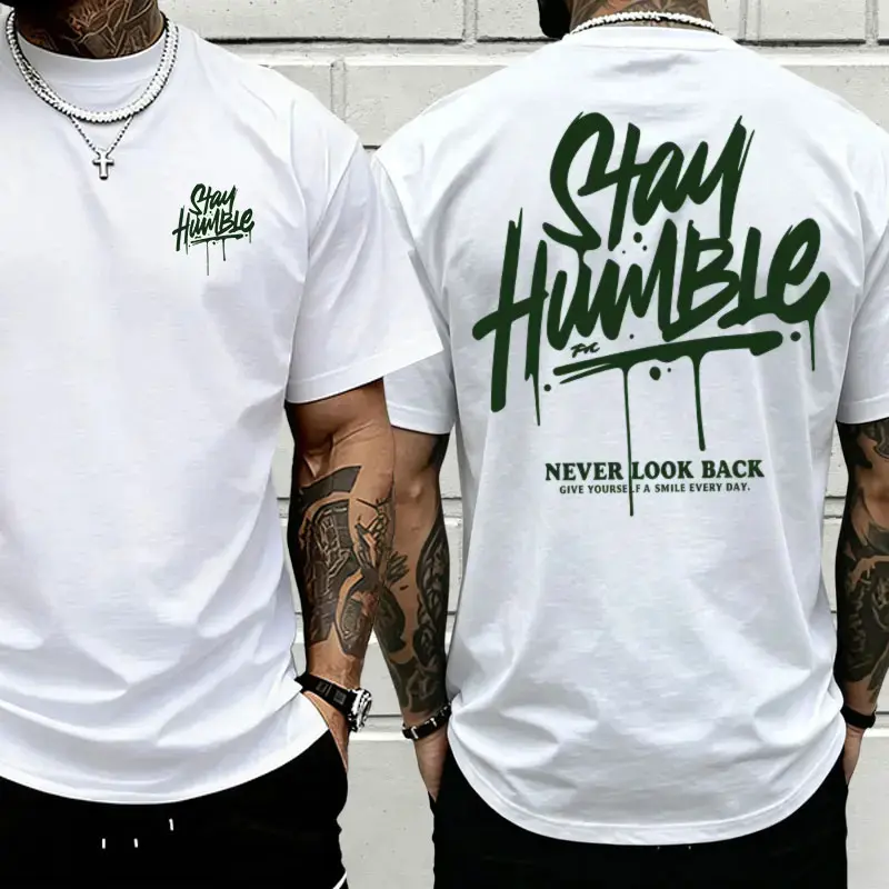 Men’s double-sided print "Stay Humble Never Look Back" graphic T-shirt, motivational streetwear casual top for everyday wear,summerwins,father'sdaygifts