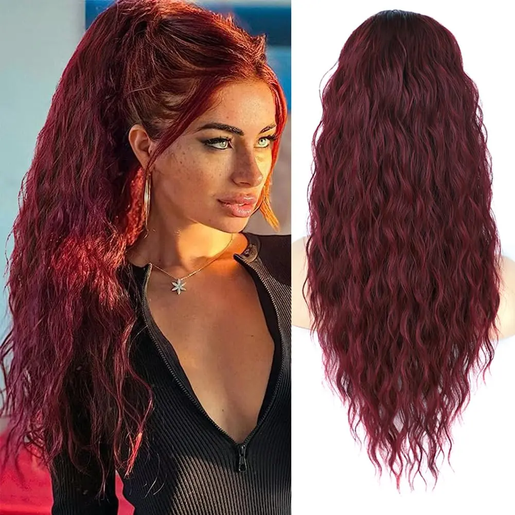 Wine Red Curly Drawstring Ponytail Clip on Extension 26 Inch Long Synthetic Wavy Extensions Soft for Daily Use