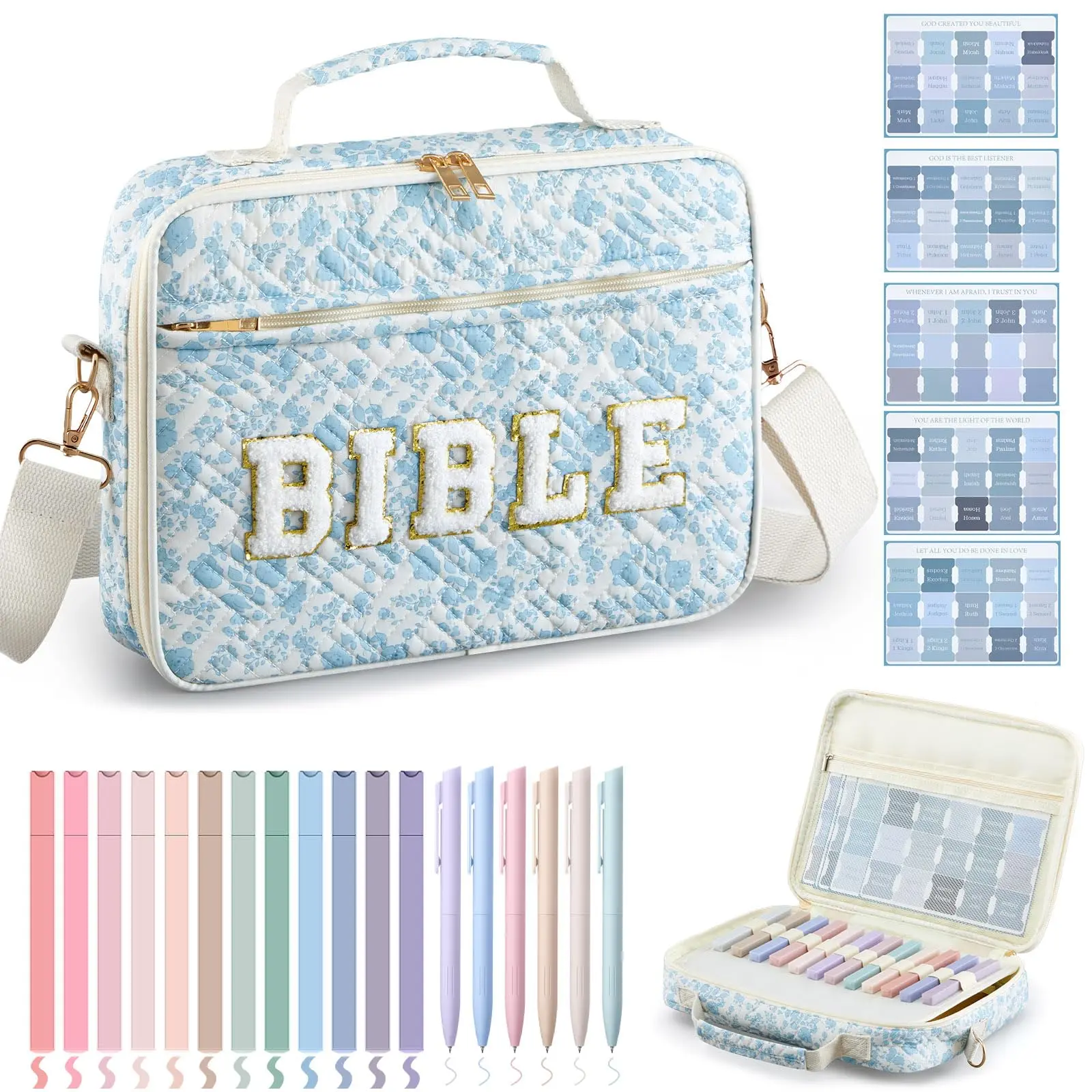 Blue Floral-Quilted Bible Bag(not PU material)