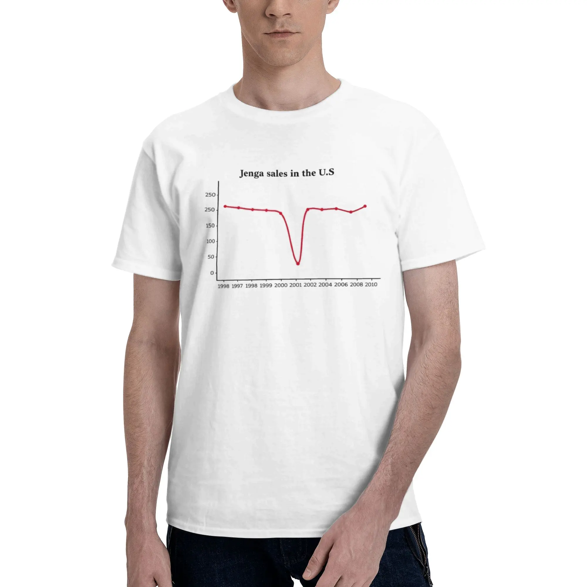 Hilarious Jenga sales graph meme graphic tee. Soft casual cotton crew‑neck shirt for meme lovers and board game fans. Funny crashing chart print, great for game nights & daily street wear. Perfect novelty gift to spark fun conversations.