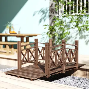 5 FT Wooden Garden Bridge – Carbonized Finish. Handrails for Safety. Solid Wood with Water-Resistant Varnish. 264 lbs Cap. Perfect for Ponds & Creeks