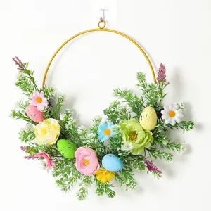 2026 New Spring Easter Wreath Simulated Iron Flower Ring Home Decor Wall Hanging, Colorful Easter Egg Wreath Metal Ring Door Decoration