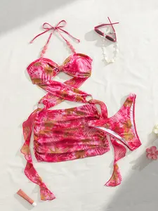 Rose Red Tropical Print Two Piece Bikini Set for Women, Halter Neck Swimsuit with O-Ring Decor, Fashion Summer Beach Bathing Suit Swimwear