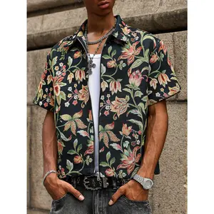 Men's Black Floral Embroidered Jacket, Short Sleeve Zip Up Jacket with Intricate Flower Pattern, Casual Streetwear Style, Comfortable Cotton Blend Fabric, Versatile Outerwear for Men, Perfect for Spring and Fall