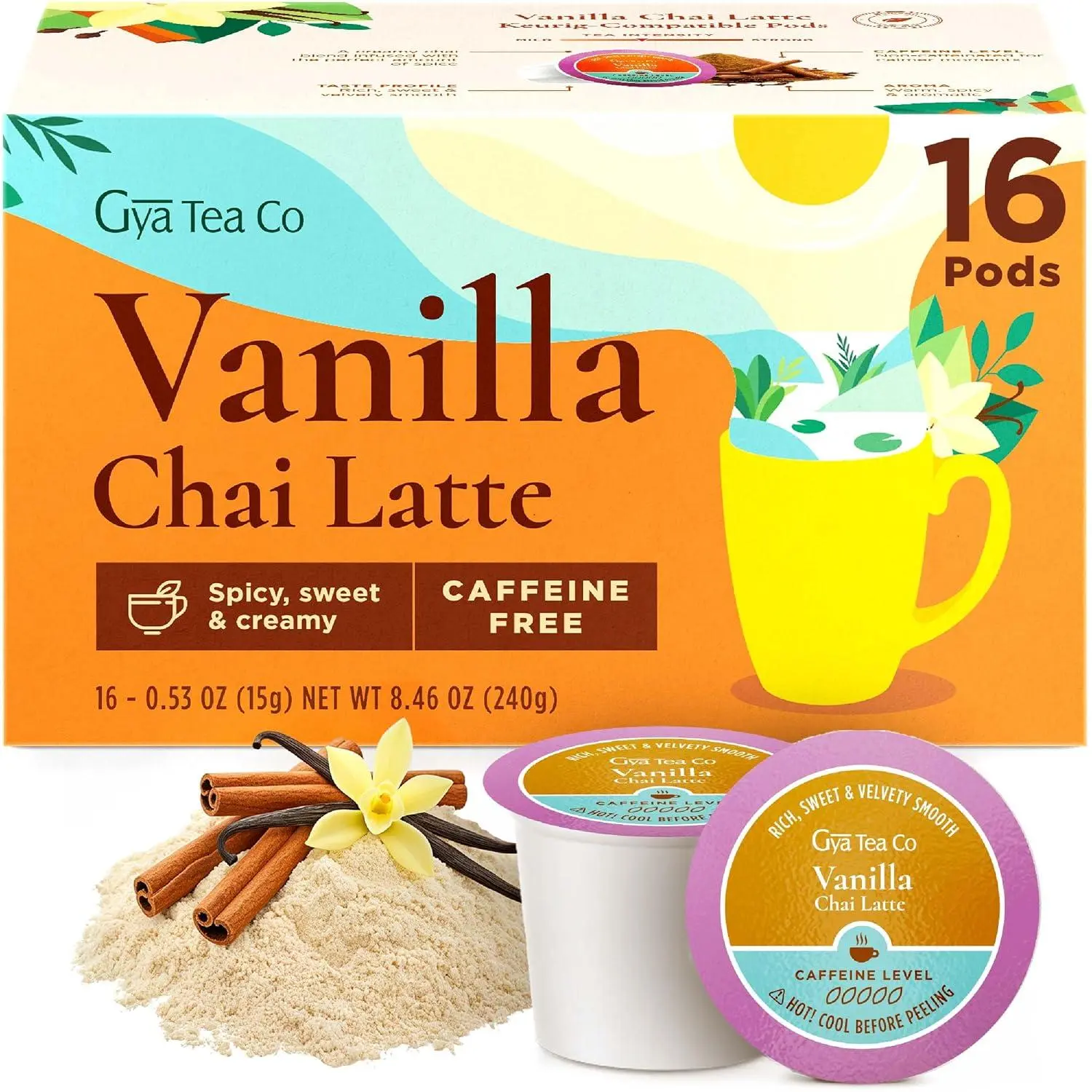Gya Tea Co Vanilla Chai Latte Tea Gift Set (16 Count) - Decaf Tea Pod for Lovers Get Well Gifts - Manually Harvested - Enjoy Hot or Iced
